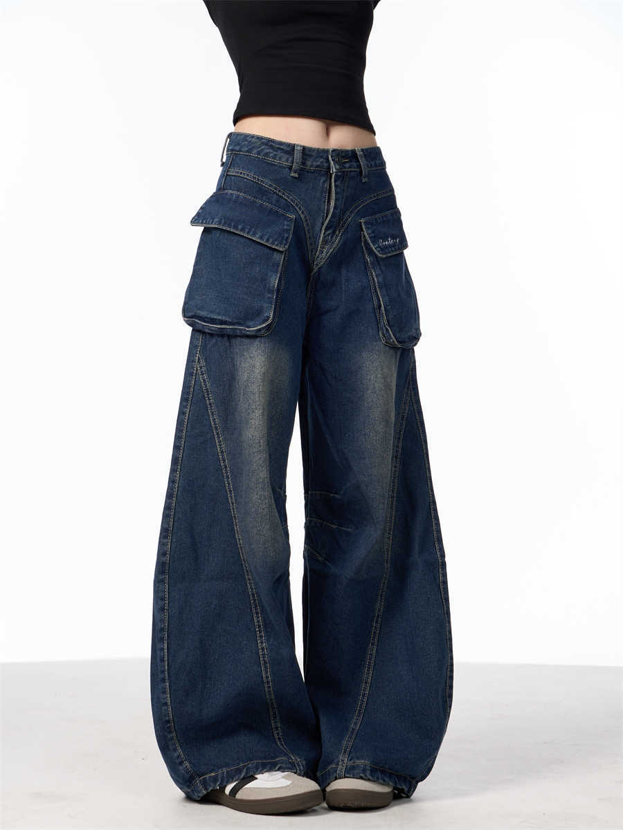 Wide-leg Jeans With Pockets High Waist Loose Trousers