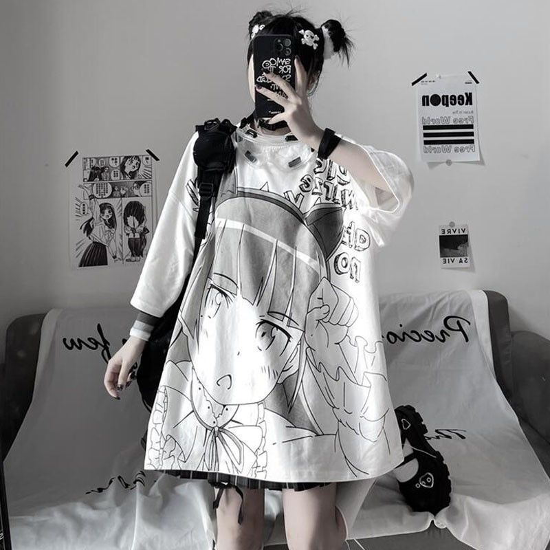 Anime Print Loose White Short Sleeve Top
