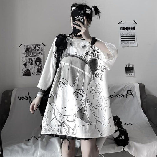 Anime Print Loose White Short Sleeve Top