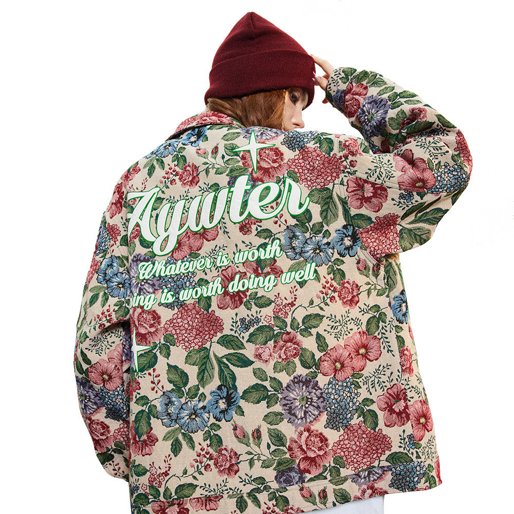 Veste ample à imprimé floral teint en fil, style rétro américain