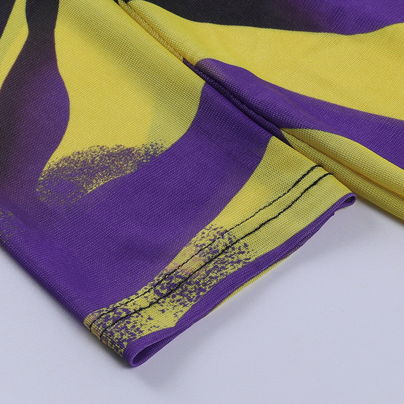 Sexy Mesh See-through Dress Printed Long-sleeved Midi Dress