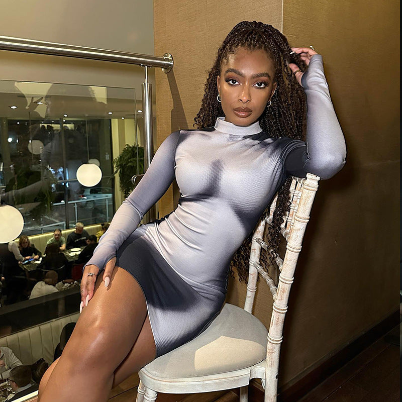 Robe courte à manches longues et col rond, imprimée, tendance et décontractée