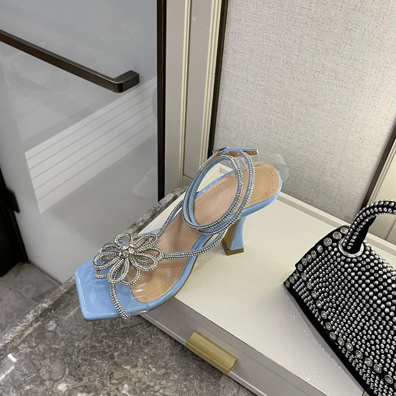 Rhinestone Flower Strap Square Toe High Heels Thick