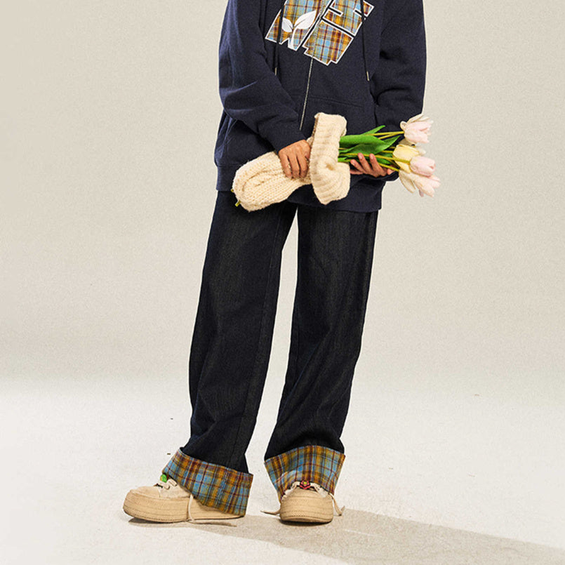 Jean décontracté à carreaux rétro, coupe droite et jambe large