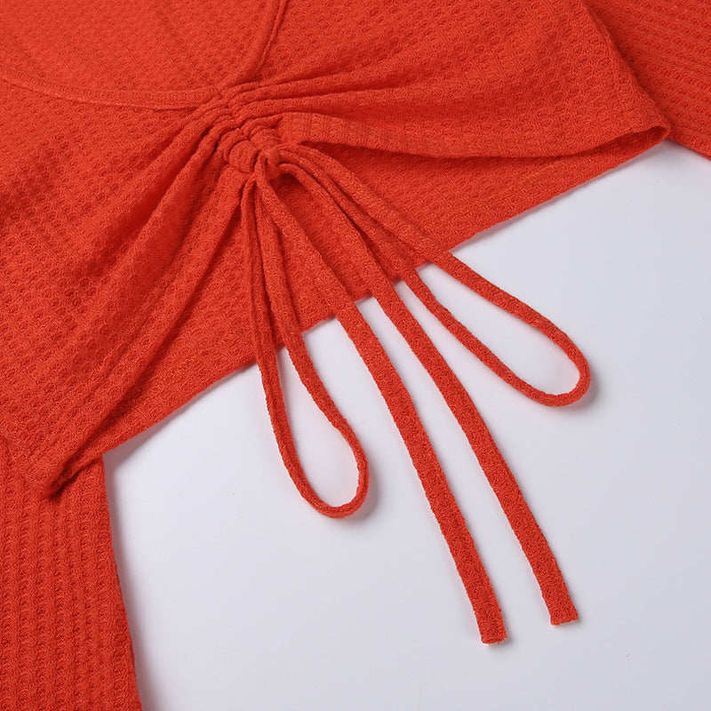 Long Sleeve V-neck Drawstring Skirt Suit Sexy Slim Fit