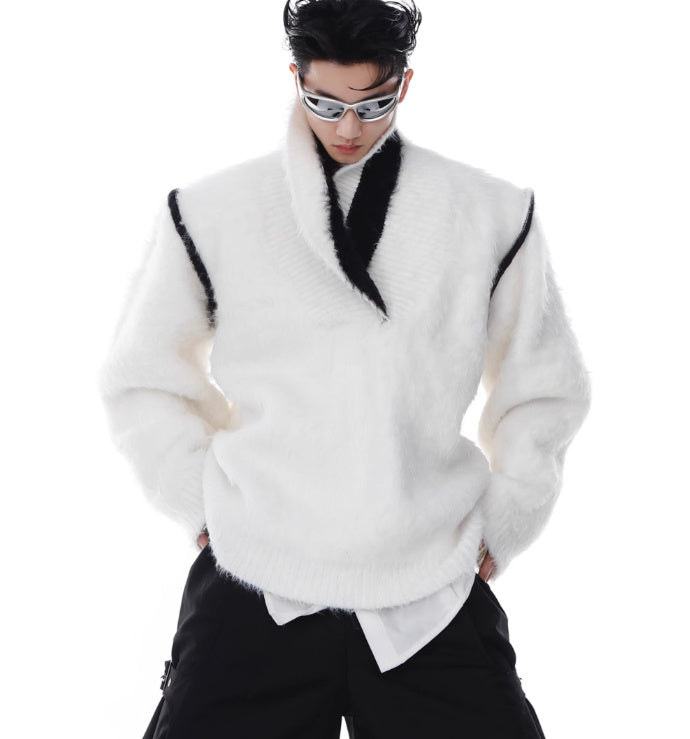 V-neck Anti-mink Plush Sweater Loose Thick Sweater Contrast Color Design Knitted Top