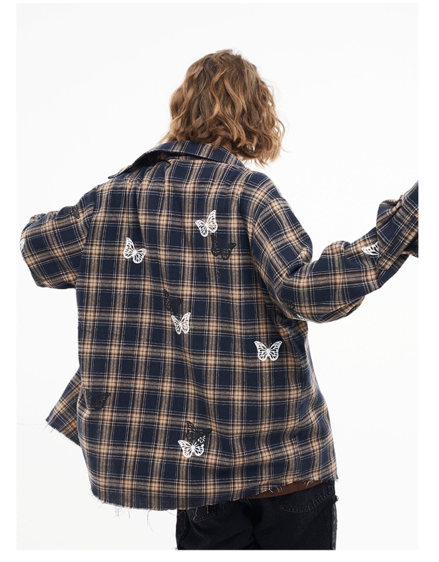 Veste ample à carreaux vintage à imprimé papillon