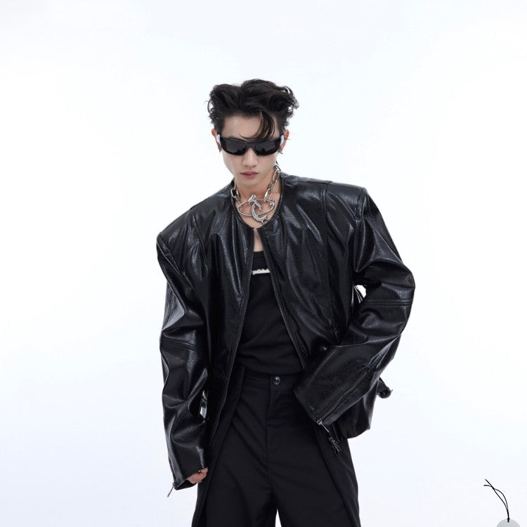 Texture Sense Padded Shoulder Leather Coat Men