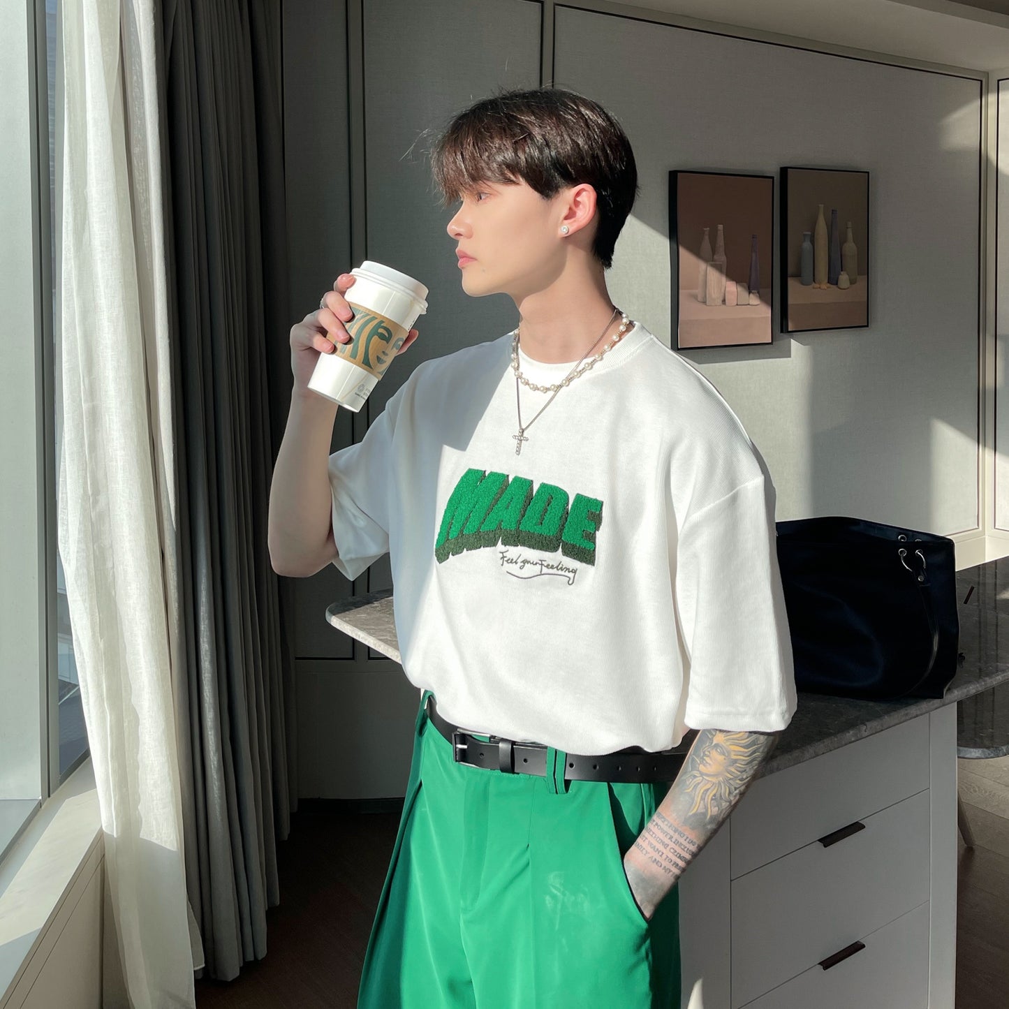 Flocked Lettering Loose Casual Round Neck Short Sleeve T-Shirt