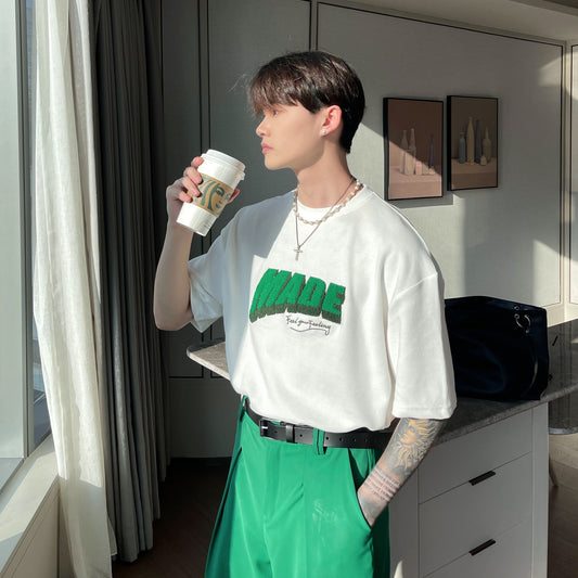 Flocked Lettering Loose Casual Round Neck Short Sleeve T-Shirt