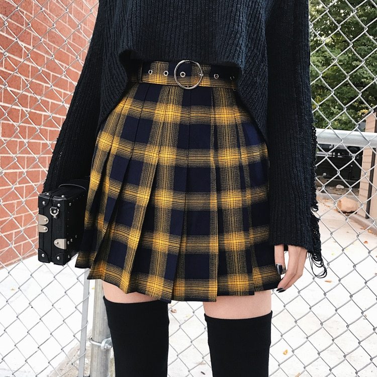 High waist plaid college skirt