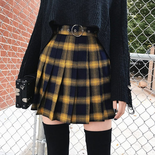 High waist plaid college skirt