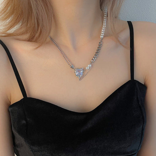 Collier de perles à coutures géométriques, style hip-hop, léger et luxueux.