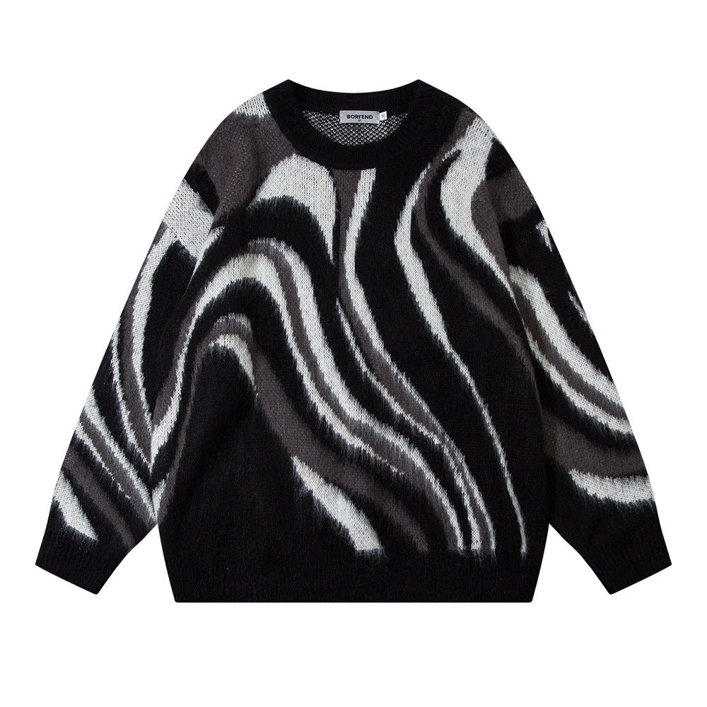 Zebra Pattern Hema Wool Round Neck Sweater Men Fashion Brands American Loose Casual Long Sleeves Top