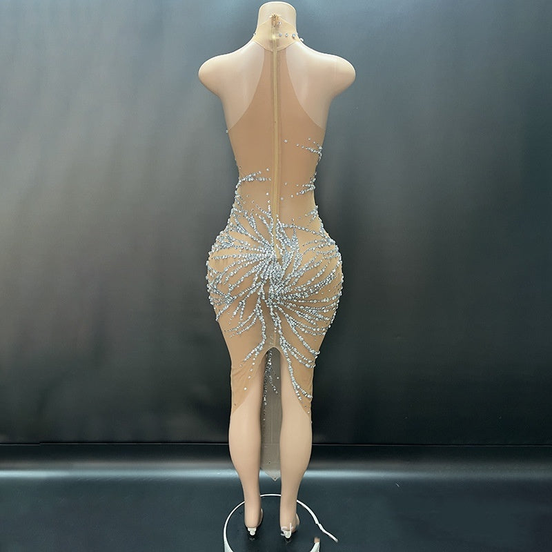 Robe de soirée tendance à cristaux brillants et vaporeux