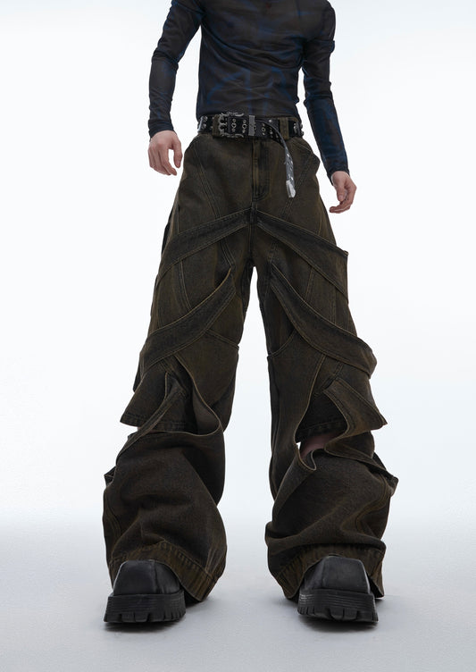 Three-dimensional Winding Worn Looking Washed-out Hollow Jeans