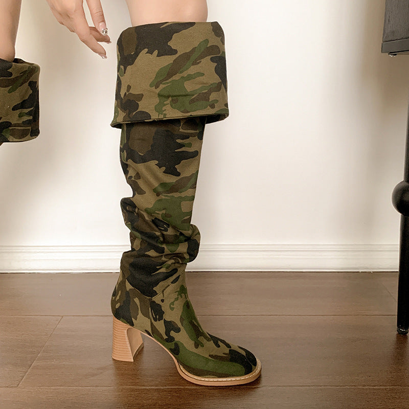 Bottes longues à talons épais et tête ronde en denim camouflage