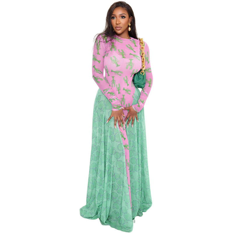 Creative 3D Digital Printed Mesh Color Contrast Patchwork Long Sleeve Dress