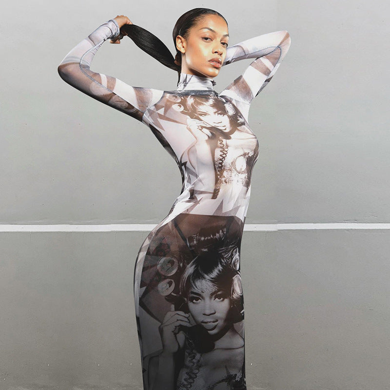 Robe slim en maille imprimée à manches longues et col montant pour femme