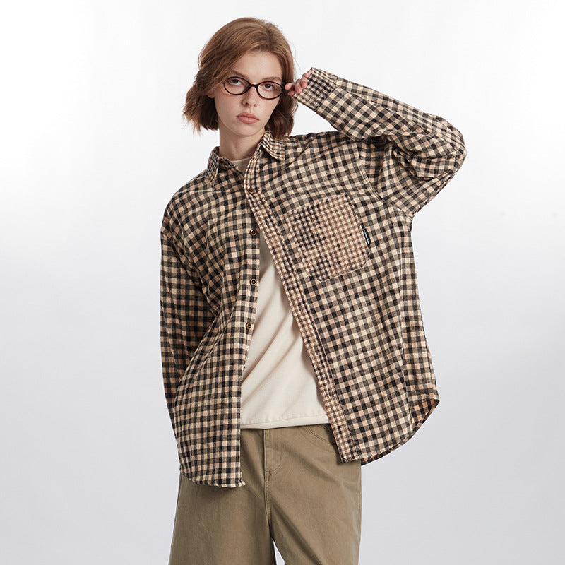 Plaid Pocket Design Contrast Color Shirt Women's Fashionable