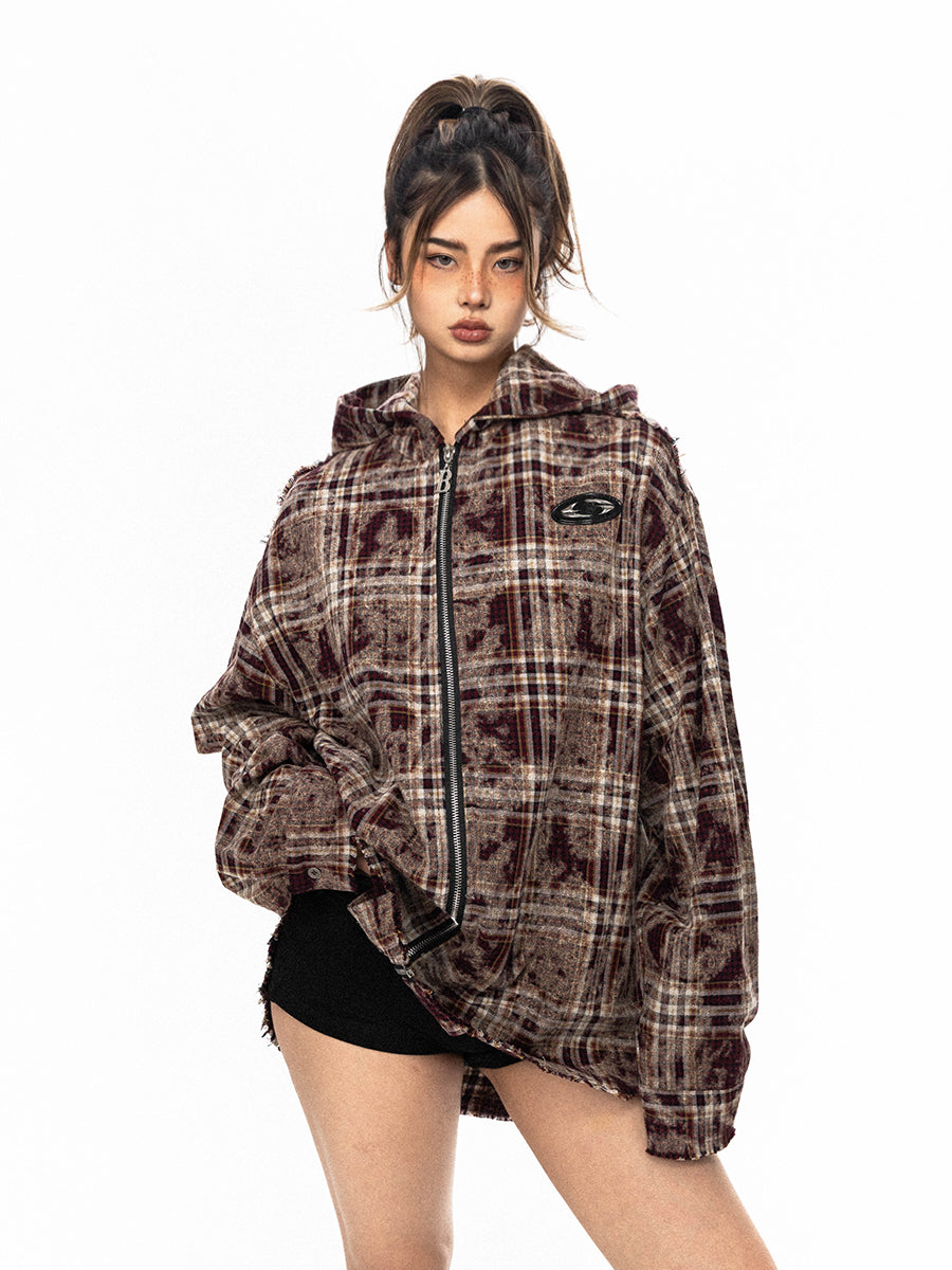 Retro Plaid Hooded Zip Jacket