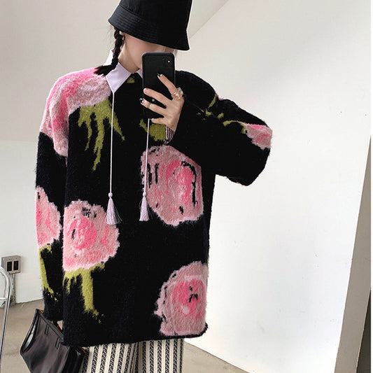 Pull mi-long en jacquard rétro style paresseux automne et hiver