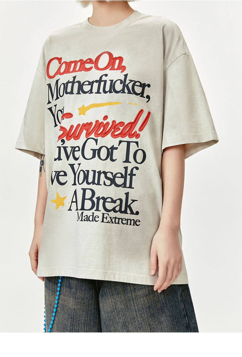 T-shirt rétro à manches courtes imprimé lettres, délavé et vieilli