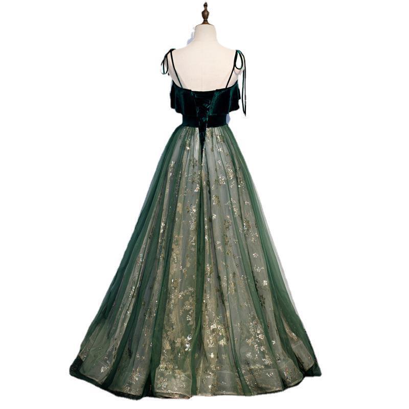 Robe longue de banquet à bretelles, style fantaisie Mori, vert foncé