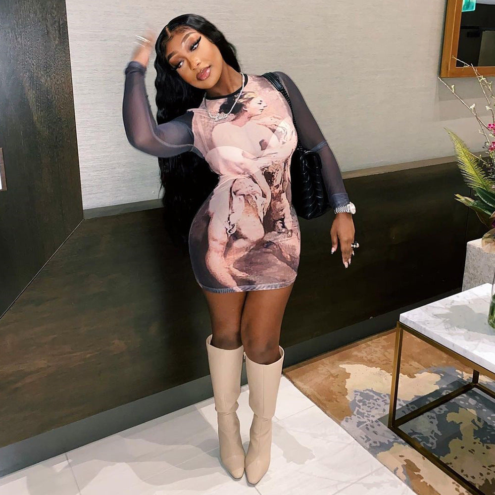 Mesh Floral Print Sheer Long Sleeve Dress