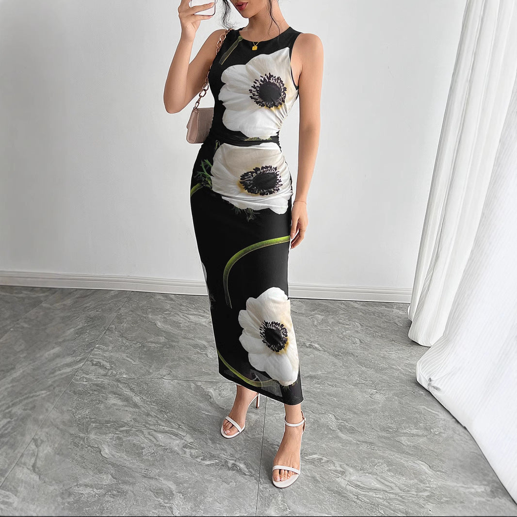 Robe longue sans manches à imprimé floral en maille noire