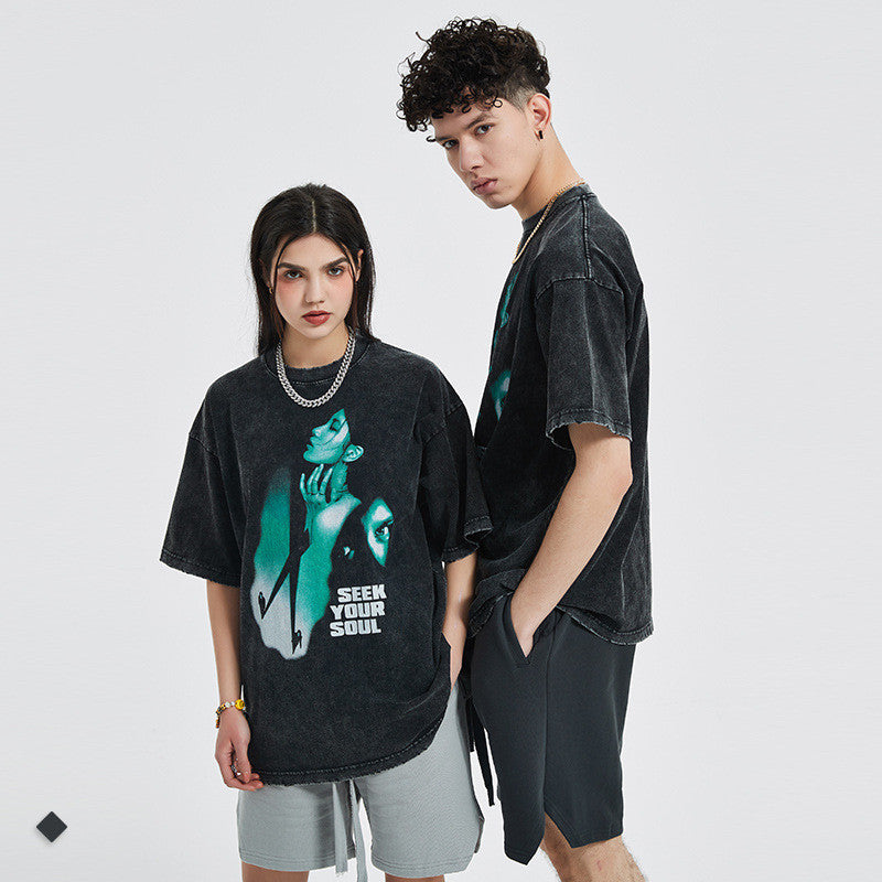 Loose T Shirt Men's European And American Dark Wash And Edging Short Sleeves