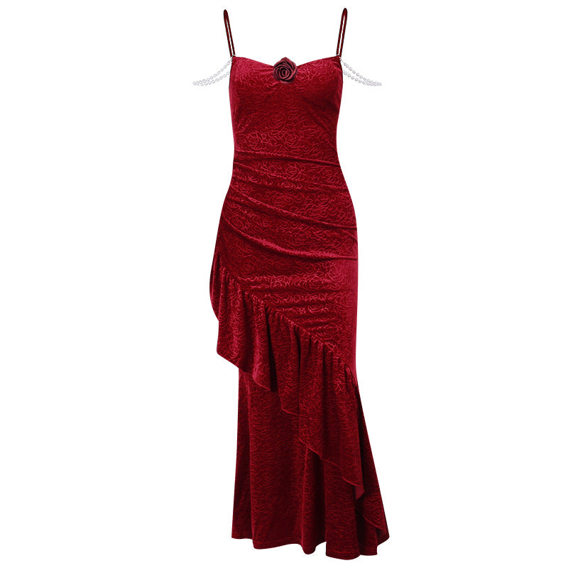 Autumn New Fashion Elegant Slim-fit Rose Strap Fishtail Dress