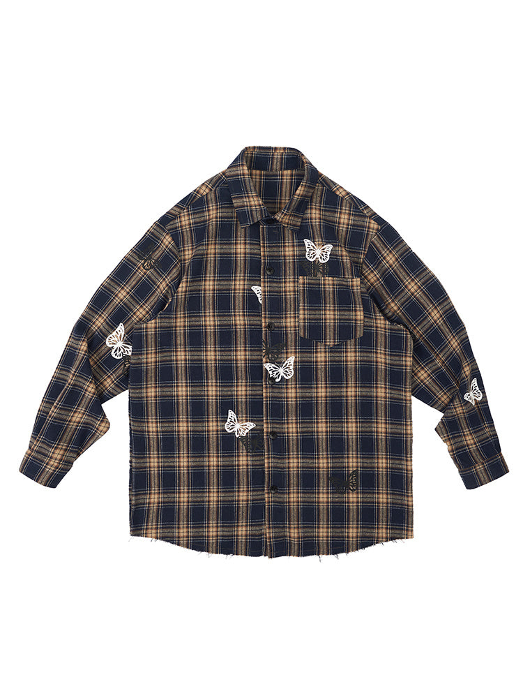 Veste ample à carreaux vintage à imprimé papillon