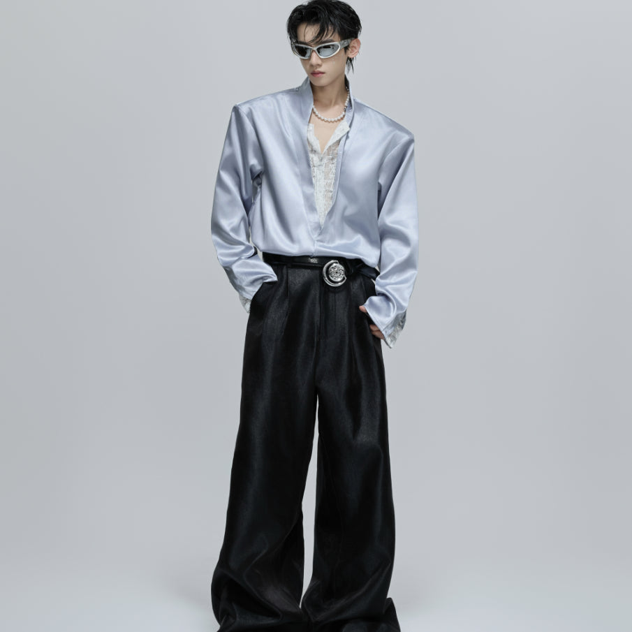 Loose-fitting Faux Two-piece V-neck Lace-panel Shirt