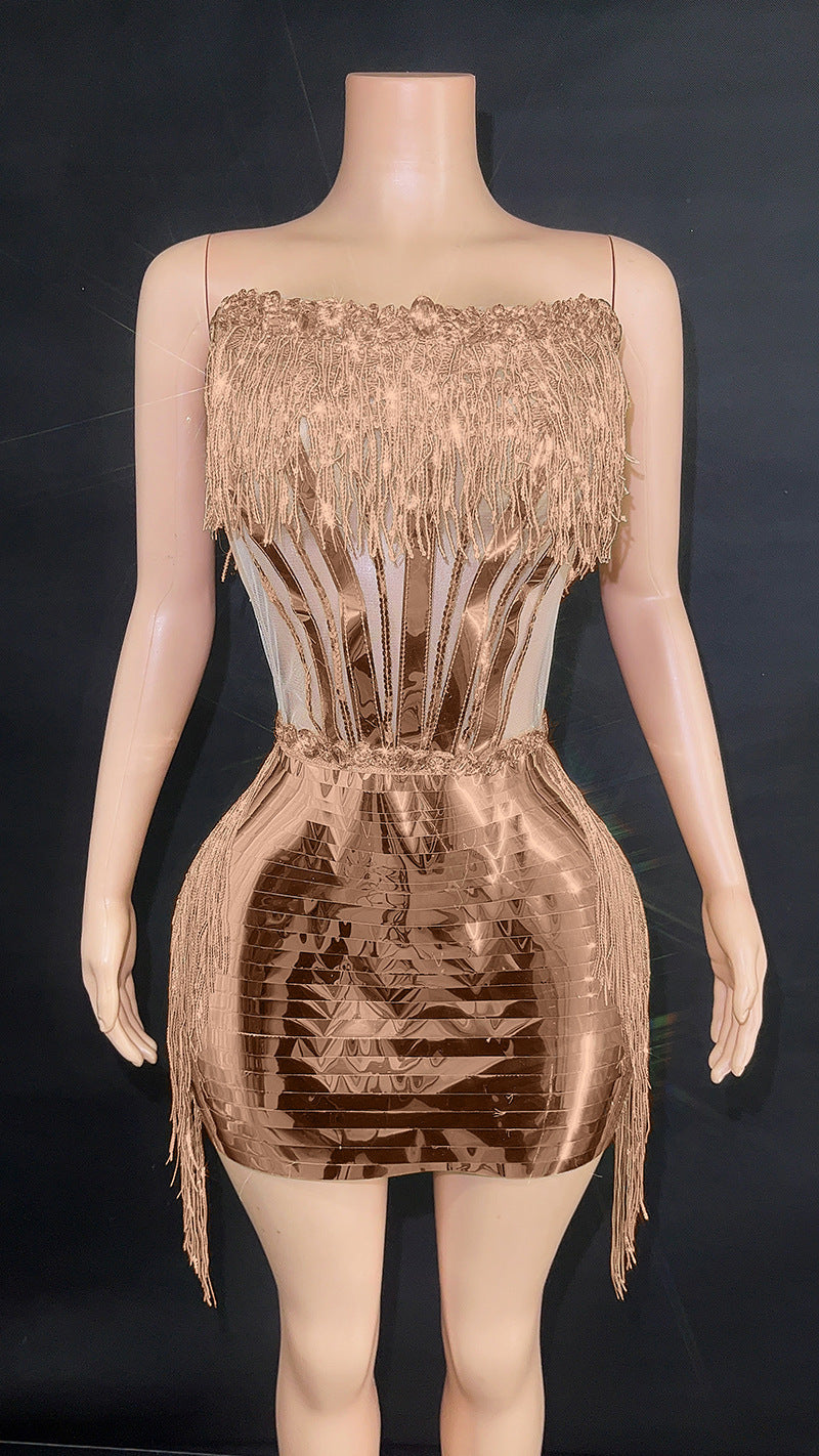 Fashion Hip Tassel Tube Top Short Skirt