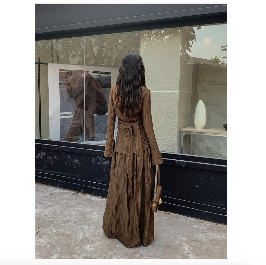 Cardigan plissé à col haut, jupe ample taille haute, coupe ajustée, costume amincissant, automne