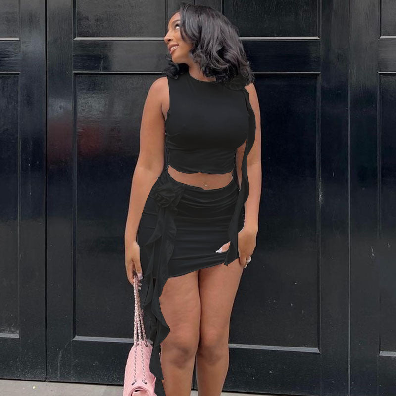 Round-neck Top And Mini Skirt Two-piece Set