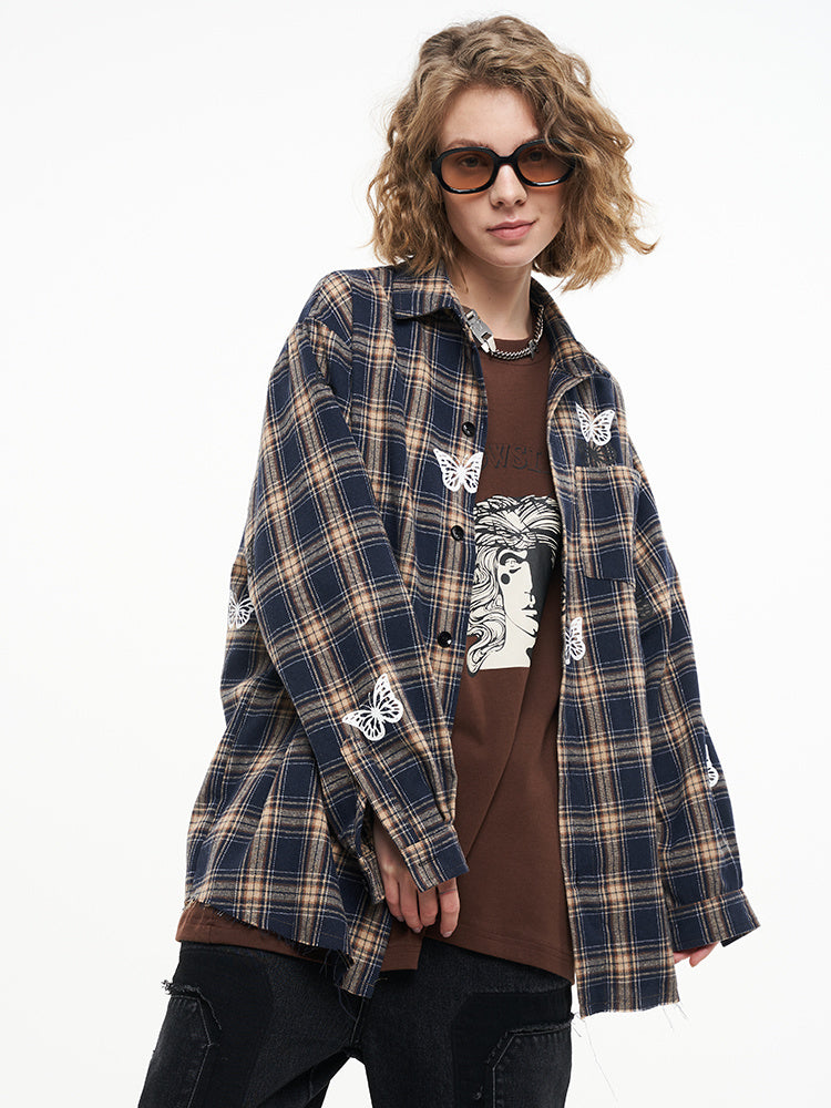 Veste ample à carreaux vintage à imprimé papillon