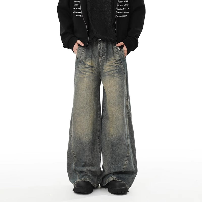 Washed Distressed Stitching Jeans Men's Straight Loose Wide-leg Pants