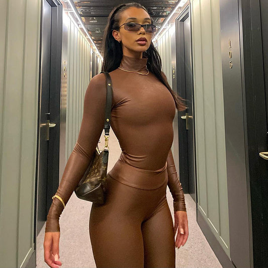 Street-style Shaping Stand-up Collar Long-sleeved Slim Pants Suit