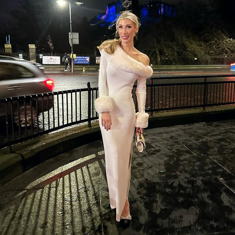 Solid Color Long Sleeve Oblique Collar Slim Christmas Dress