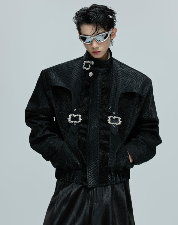 Scale Short Jacket Stand Collar Horse Hair Stitching Heavy Design Leather Coat