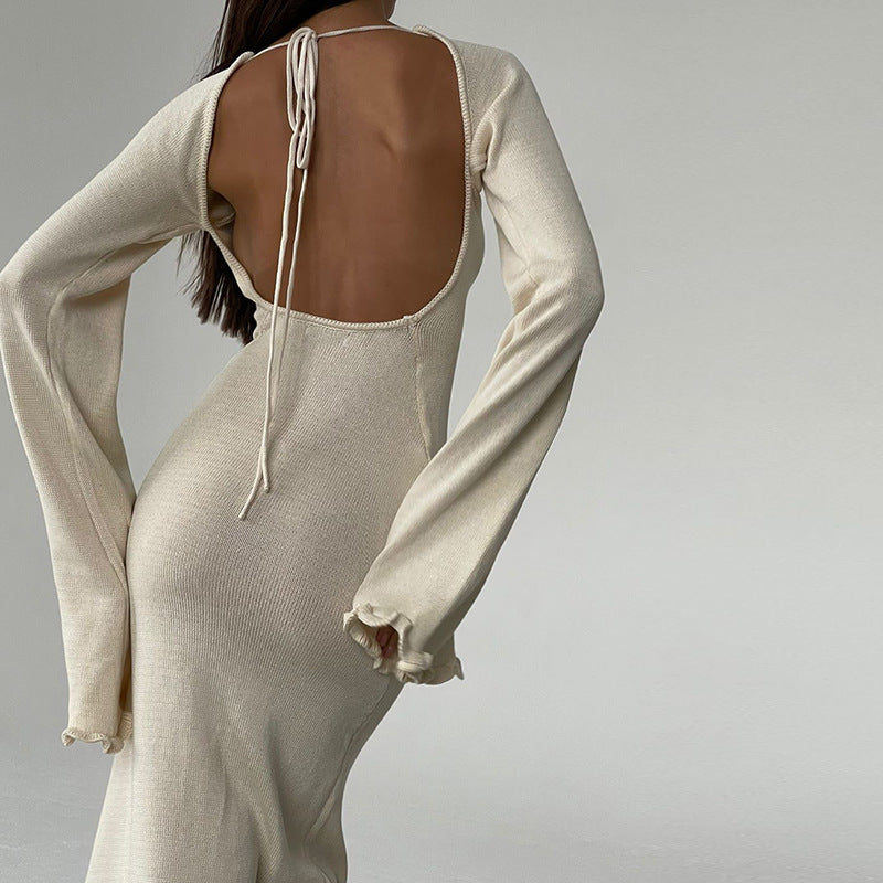 Nouvelle robe longue en tricot à dos nu et à lisière filiforme de couleur unie