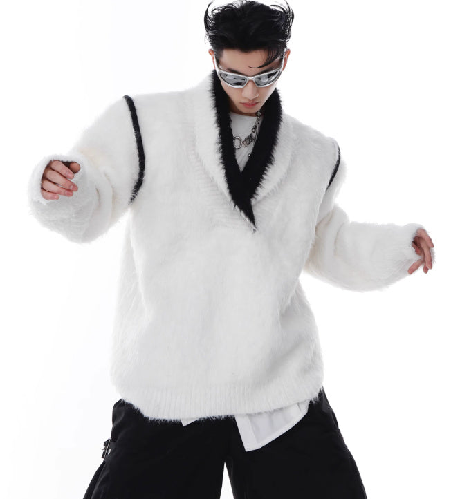 V-neck Anti-mink Plush Sweater Loose Thick Sweater Contrast Color Design Knitted Top