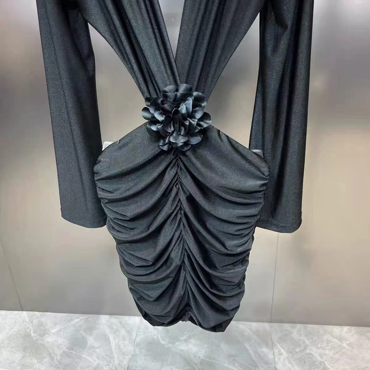 Fashion Deep V-neck Padded Shoulder Long Sleeve Waist Hollow Dress