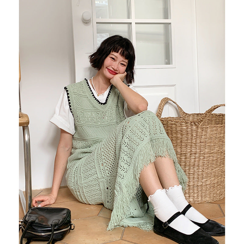 Fashion Tassel Weave Art Solid Color Sleeveless Vest Two-Piece Set