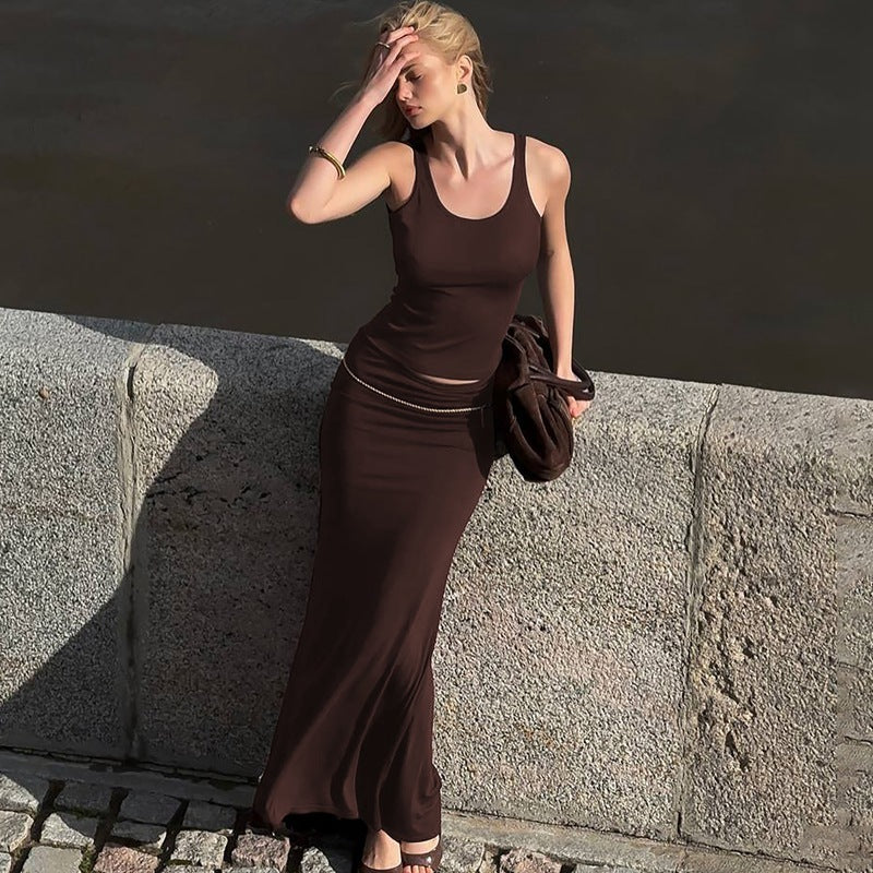 Solid Color Vest Slim Pleated Skirt Suit