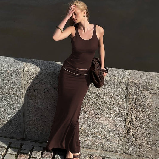 Ensemble gilet et jupe plissée slim de couleur unie