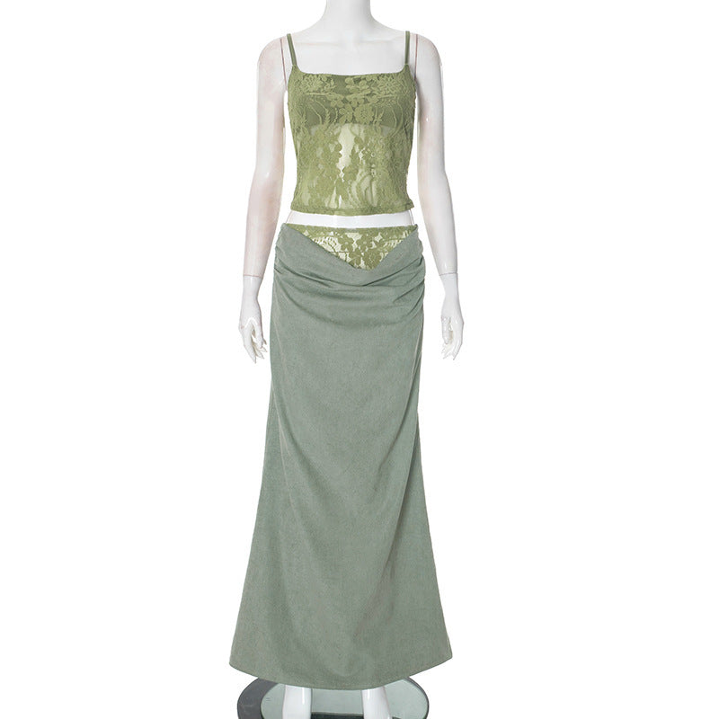 Lace Backless Tube Top Sling Stitching Ruffle Hip Skirt Suit