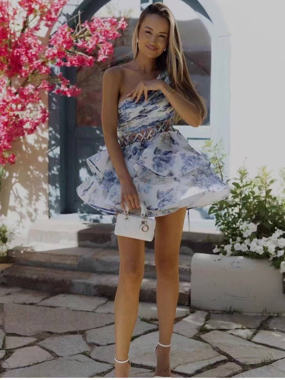 Style One-shoulder Pleated Lace-up Cutout Printed Puffy Cake Dress